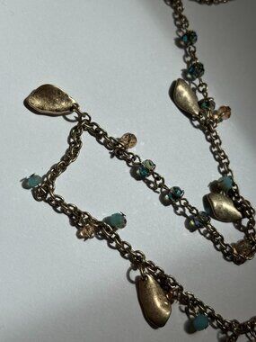 LOFT Gold Tone Beaded Charm Necklace | Blue Crystal Dangle Necklace